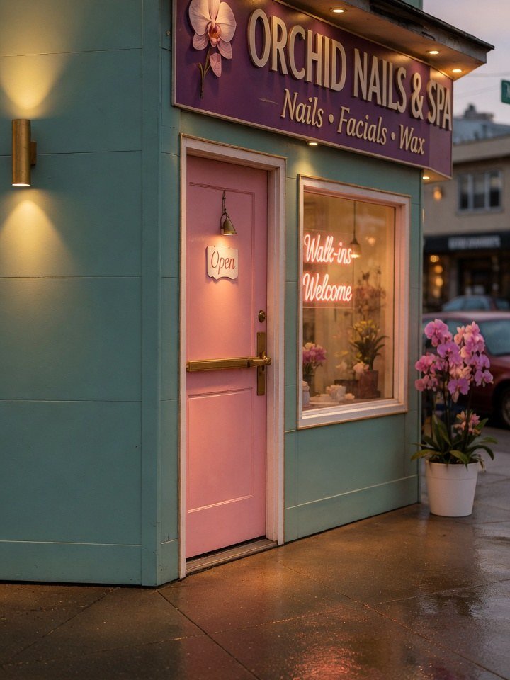 Pink door and window of Orchid Nails & Spa at dusk