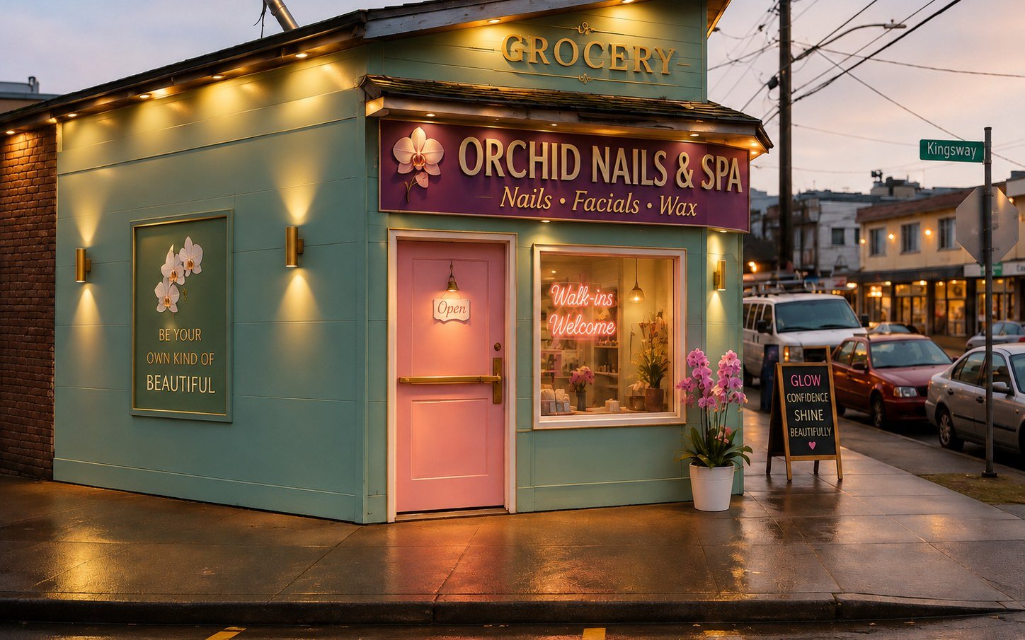 Orchid Nails & Spa storefront at dusk on Kingsway