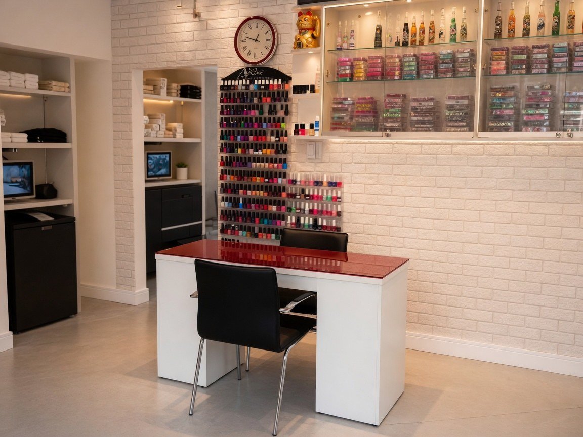 Manicure desk in front of the polish wall at Orchid Nails & Spa