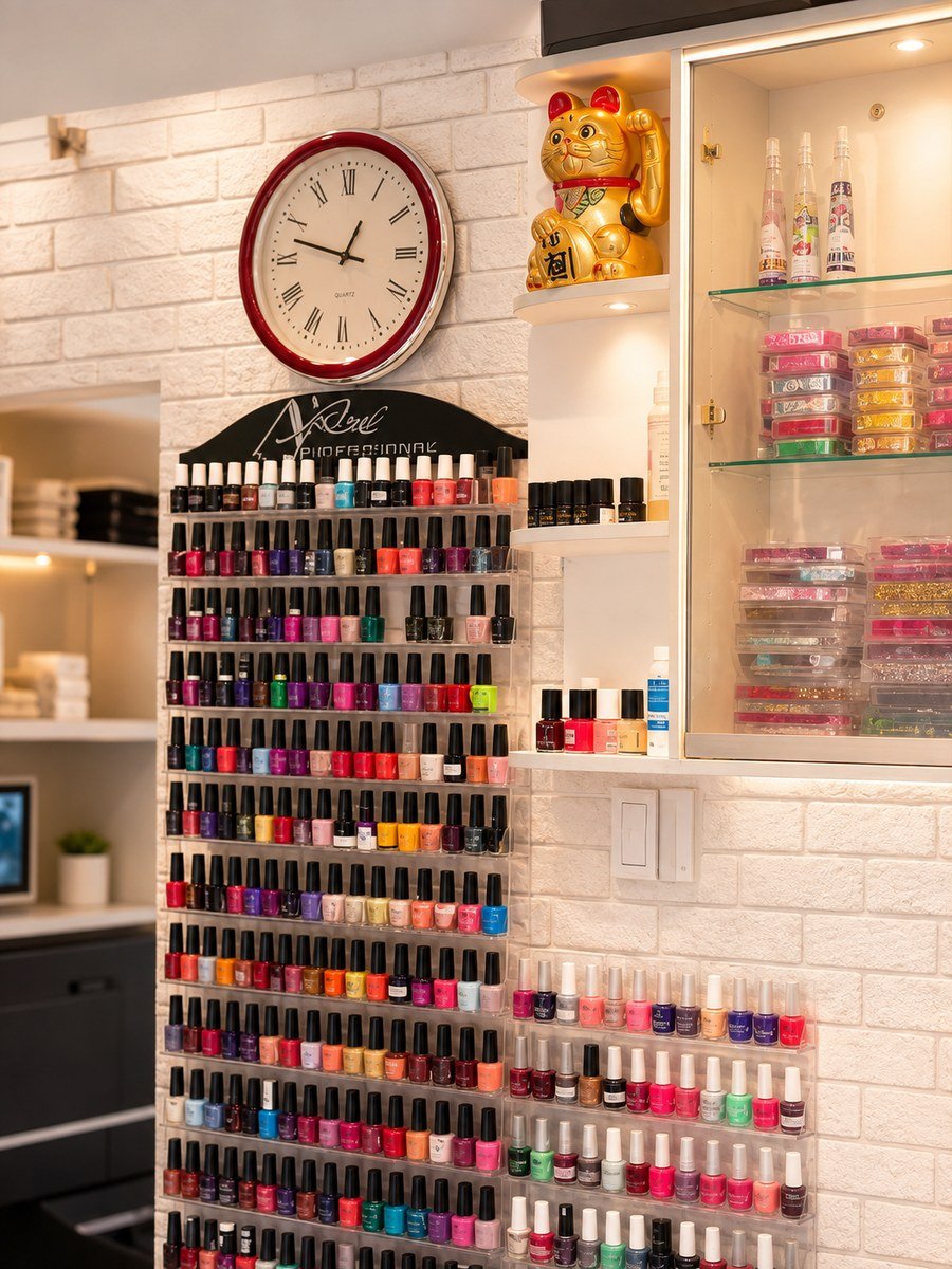 Nail polish wall, clock, and lucky cat inside Orchid Nails & Spa
