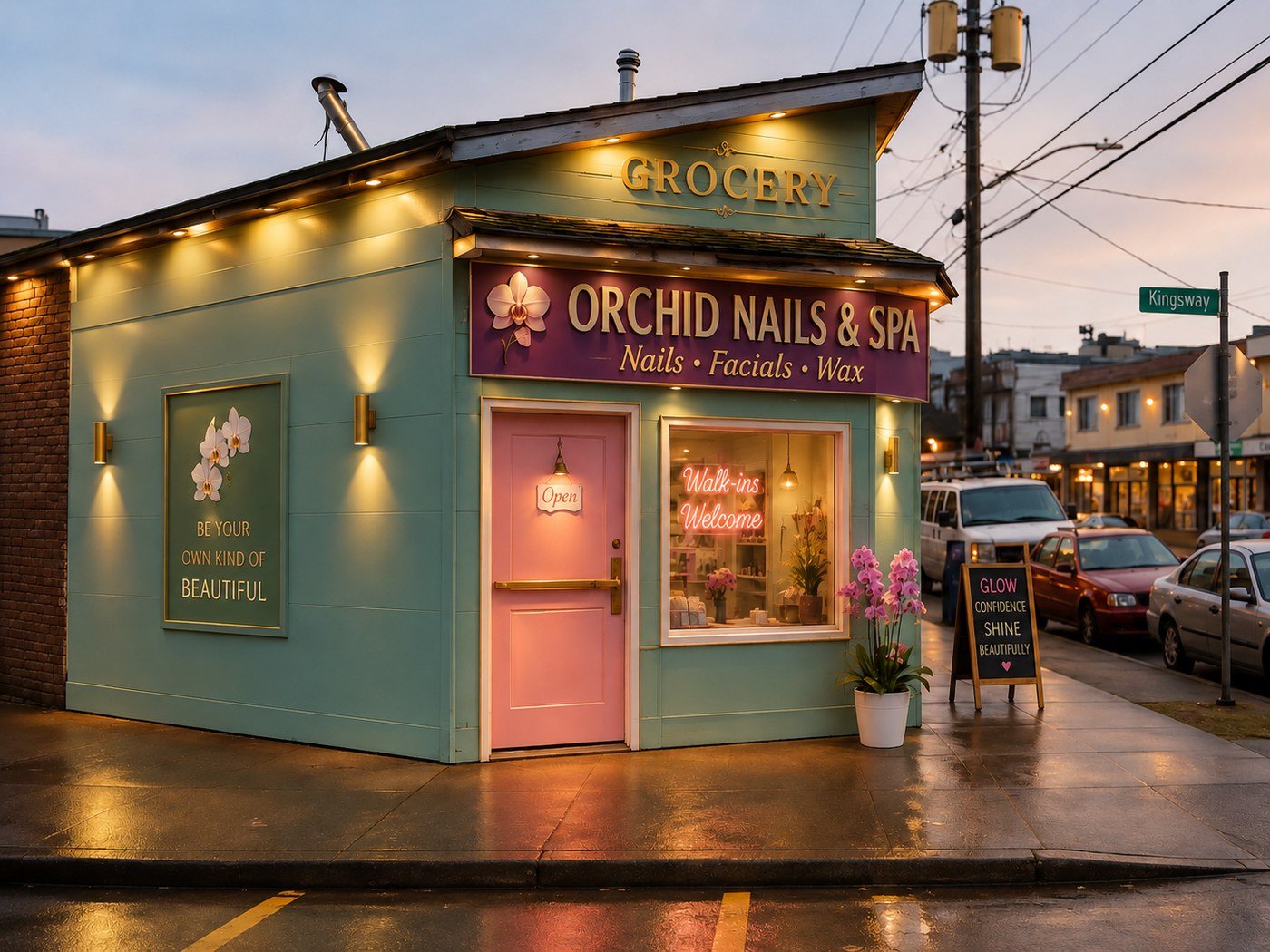 Orchid Nails & Spa at dusk on Kingsway
