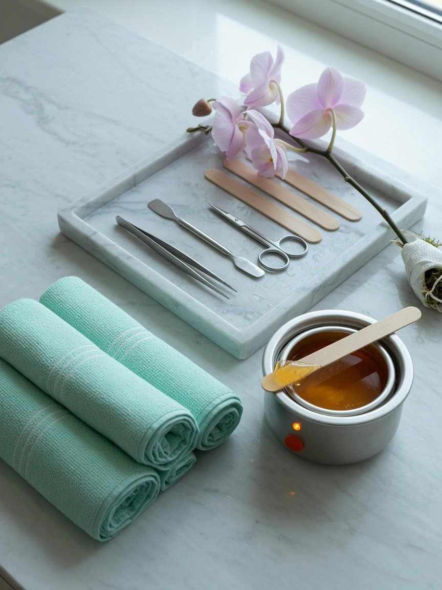 Waxing tools and mint towels on marble