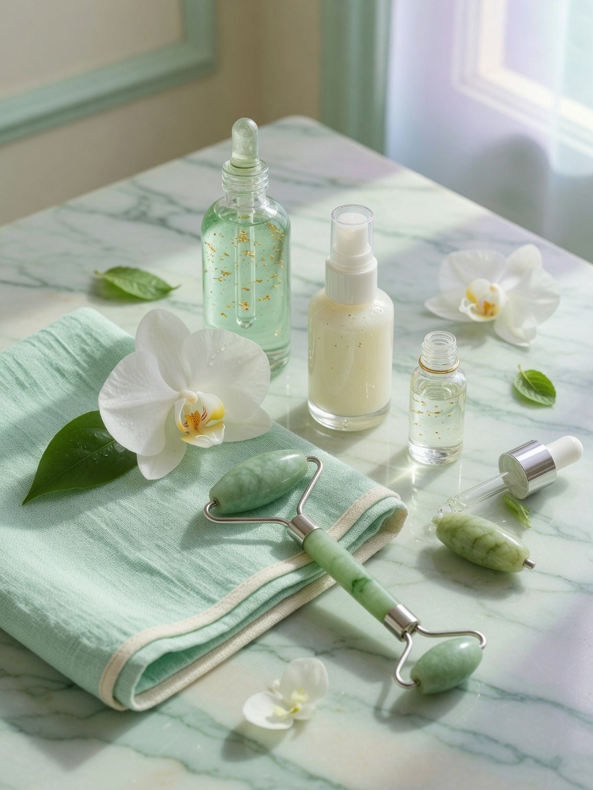 Facial serums and orchid on marble